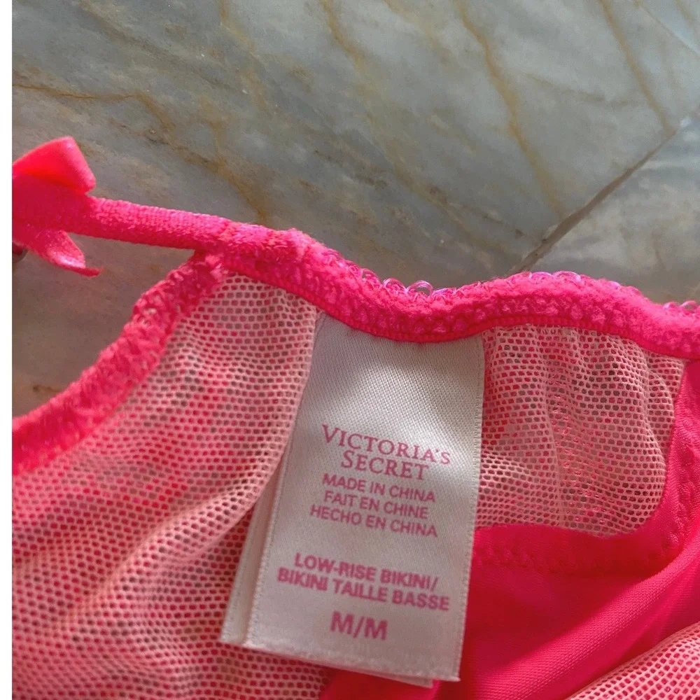 Victorias Secret Neon Pink Lace Satin Low Rise Bikini Panty Medium Bow 2013 y2k